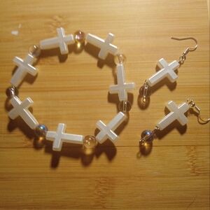 White Cross Bracelet and Earrings Set